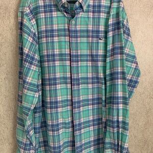 Vineyard Vines Slim Fit Whale Flannel Men's Green and Blue Plaid Shirt EUC XL